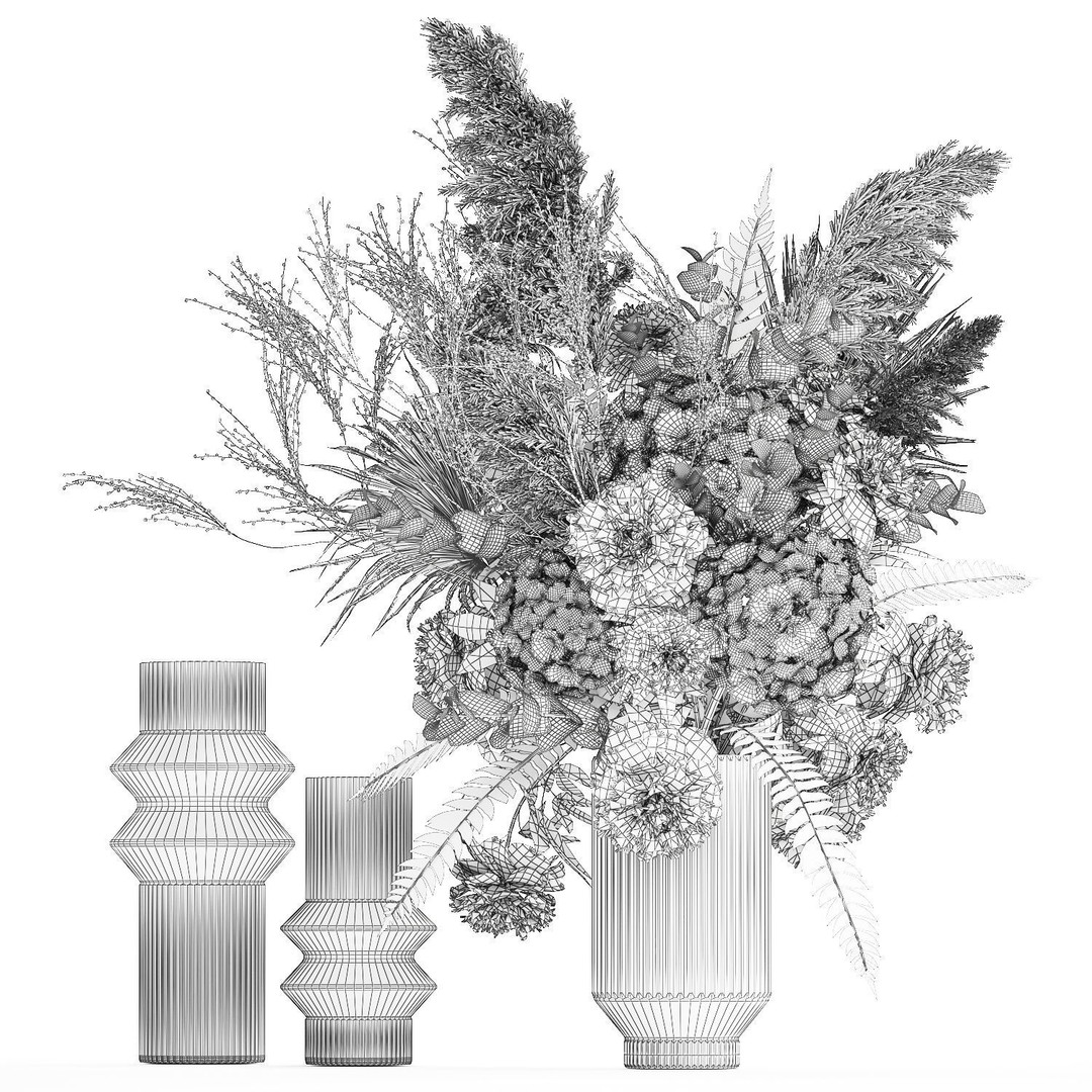 Dried Flowers Bouquet 3D Model – Modern Glass Vase, Game Ready