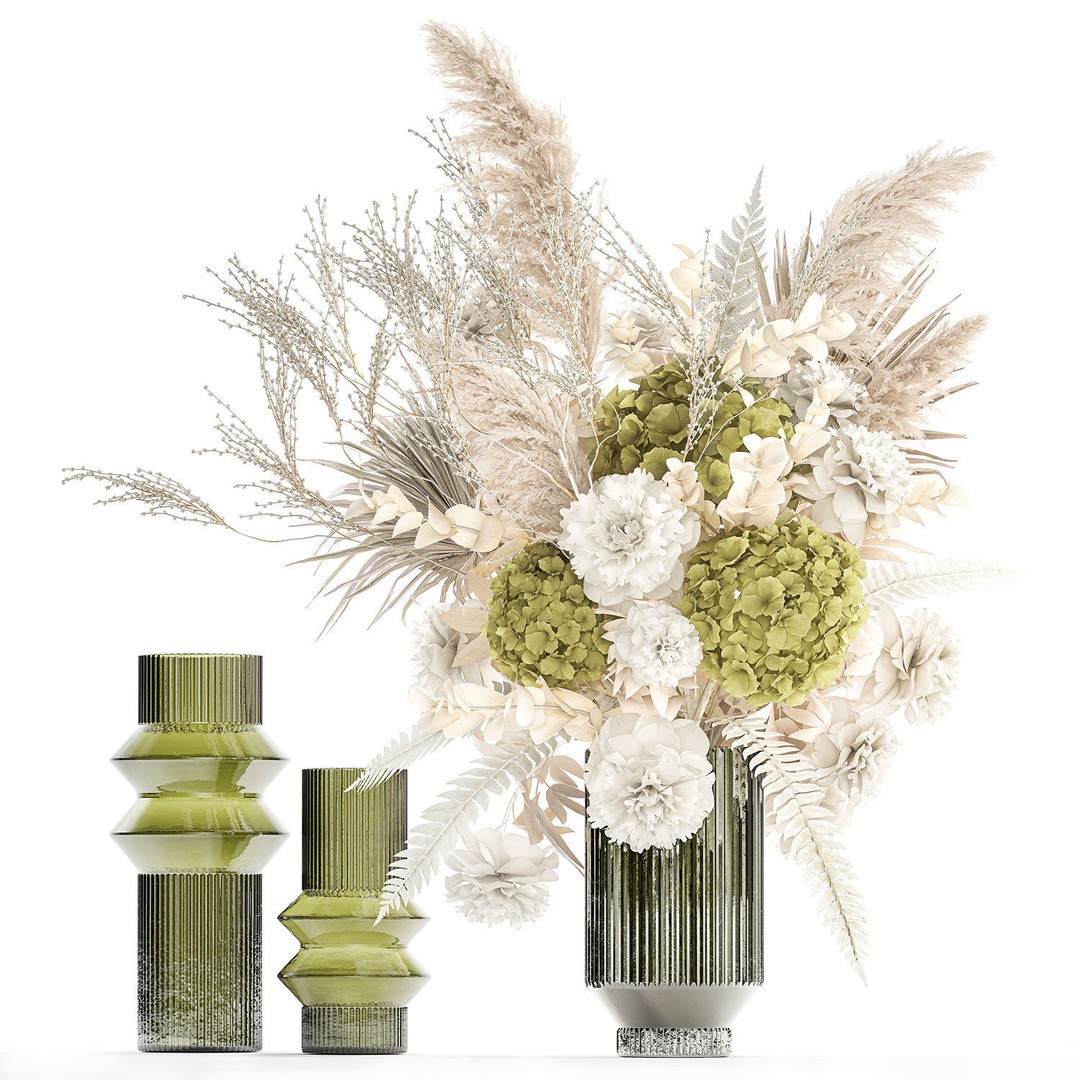 Dried Flowers Bouquet 3D Model – Modern Glass Vase, Game Ready - View 10