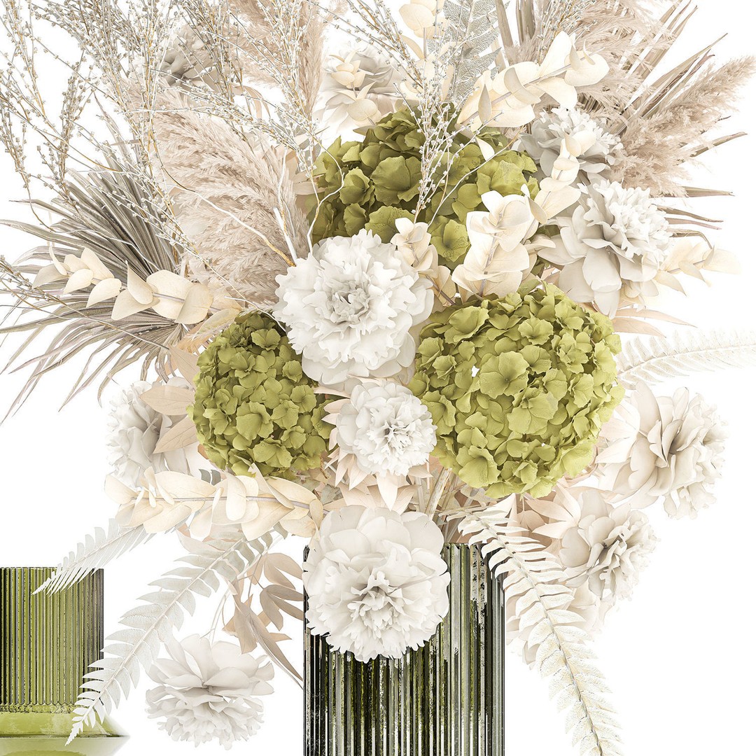 Dried Flowers Bouquet 3D Model – Modern Glass Vase, Game Ready - View 12