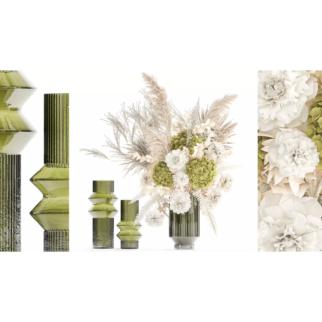 Dried Flowers Bouquet 3D Model – Modern Glass Vase, Game Ready - View 2