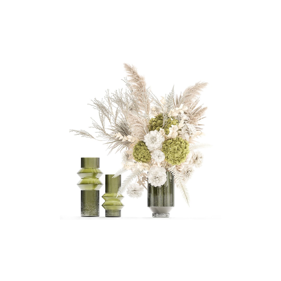 Dried Flowers Bouquet 3D Model – Modern Glass Vase, Game Ready - View 3