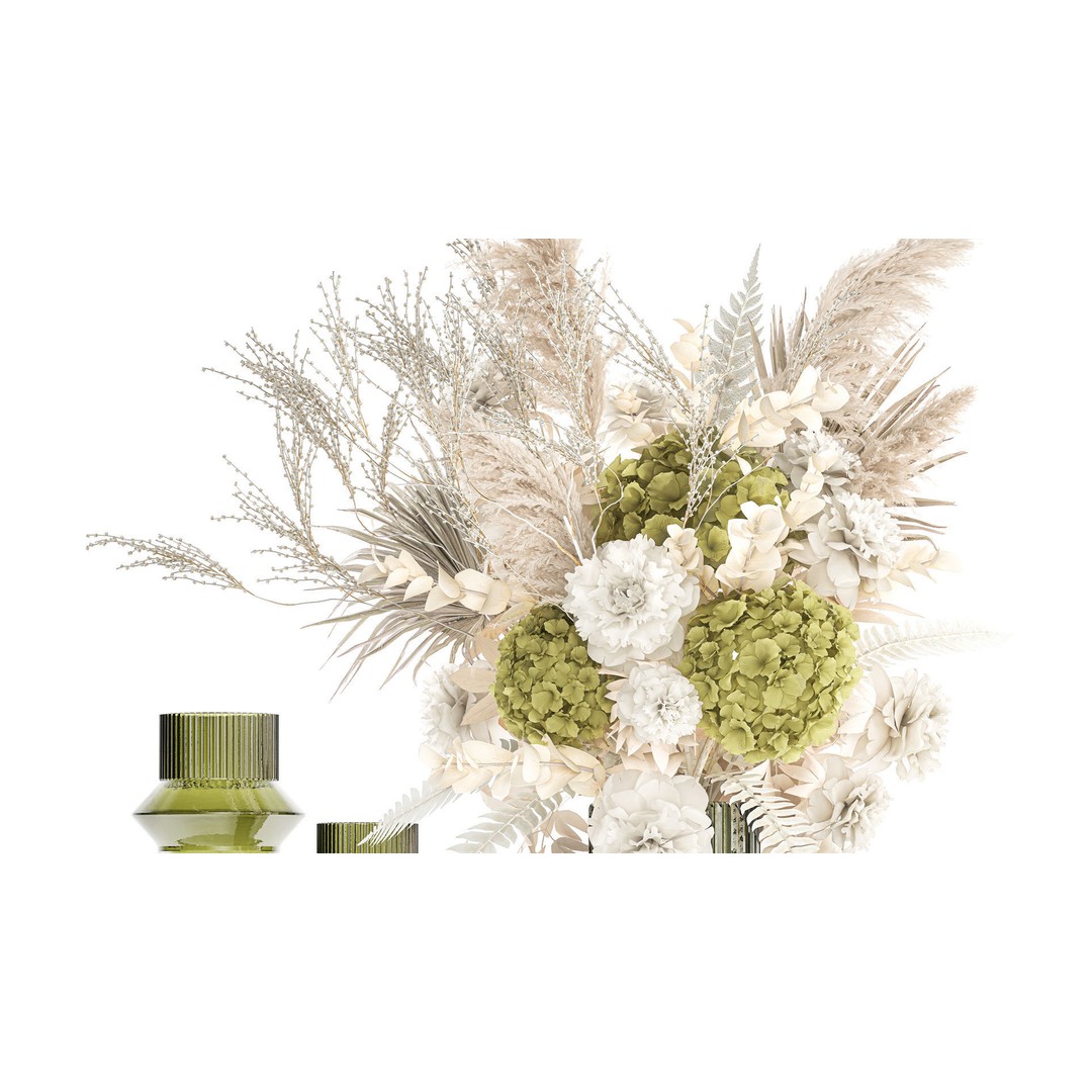 Dried Flowers Bouquet 3D Model – Modern Glass Vase, Game Ready - View 4