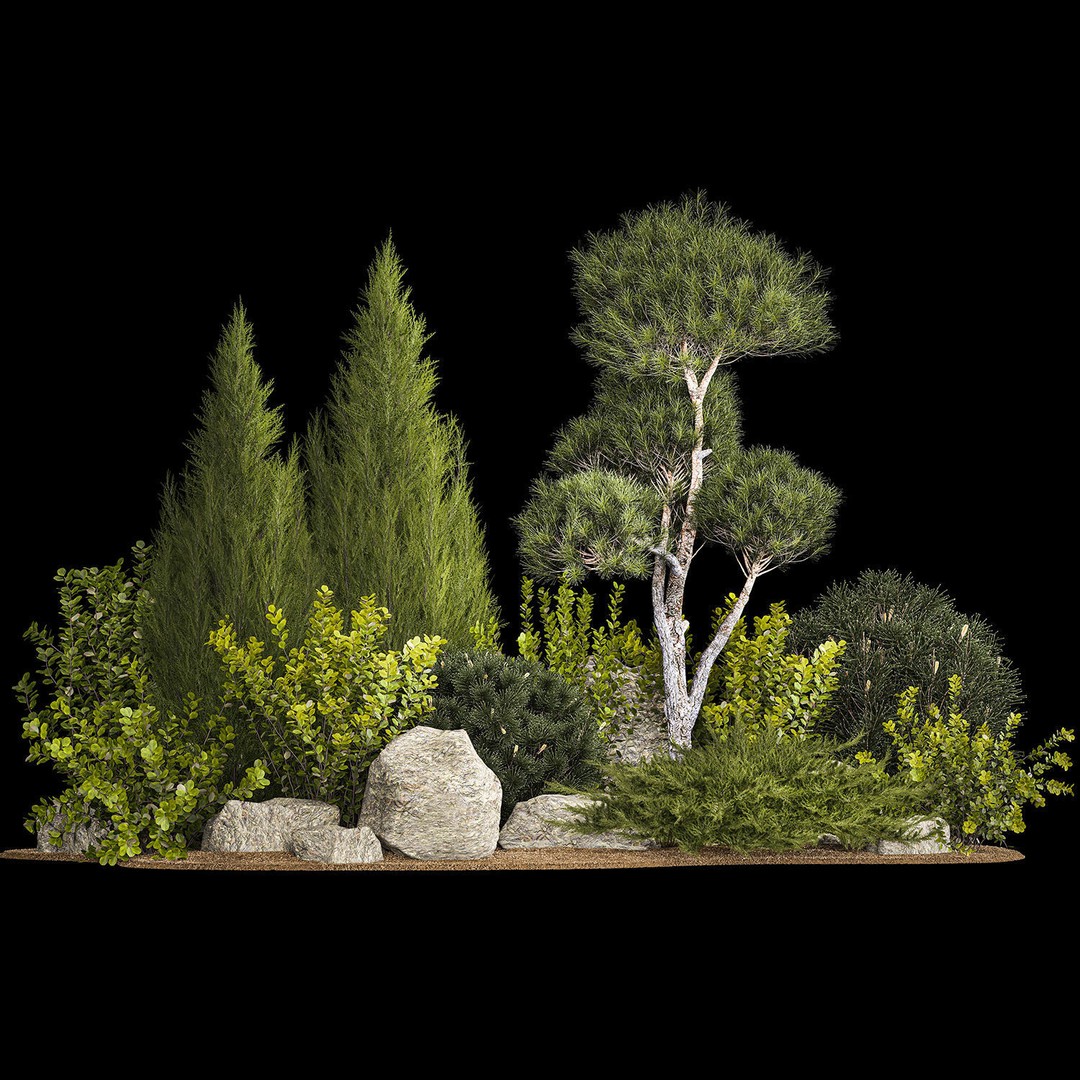 Alpine Hill 3D Model – Decorative Plants with Juniper, Pine, and Bushes - View 3