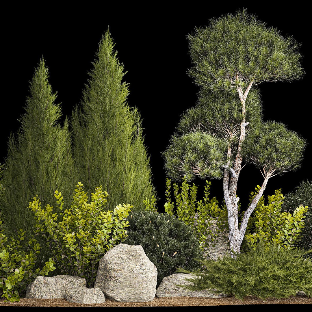 Alpine Hill 3D Model – Decorative Plants with Juniper, Pine, and Bushes - View 4