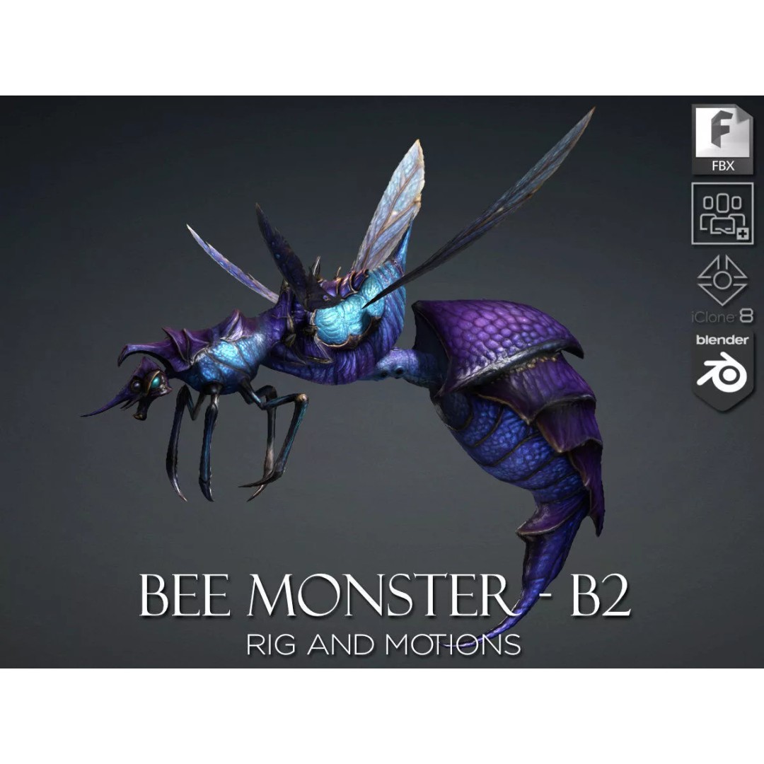 Bee Monster-B2 3D Model – Low Poly Animated Insect, FBX, Blender - View 2