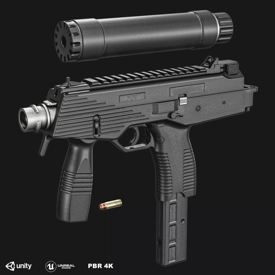 Thomet MP9 3D Model – Low Poly Submachine Gun, PBR Textures - View 3