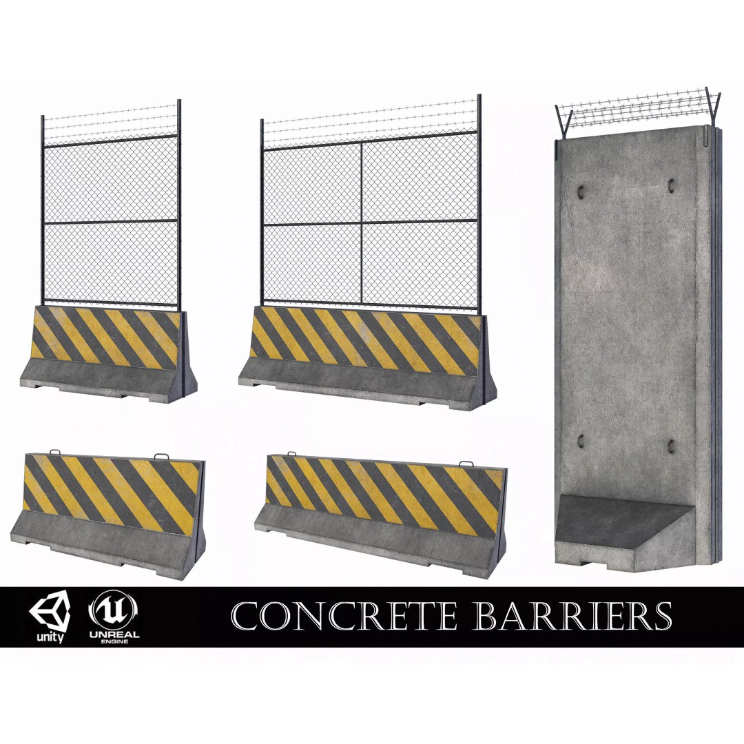 Concrete Barrier 3D Model – Low Poly Game Asset, PBR Textures, FBX - View 2