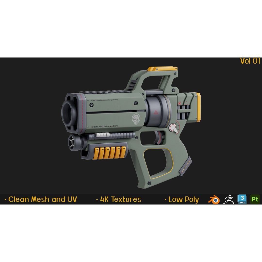 12 Gun 3D Models – Low Poly Game Asset, FBX, PBR Textures - View 12
