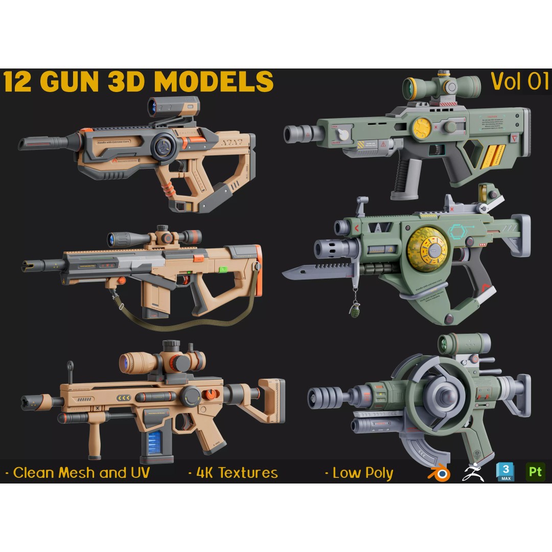 12 Gun 3D Models – Low Poly Game Asset, FBX, PBR Textures - View 2