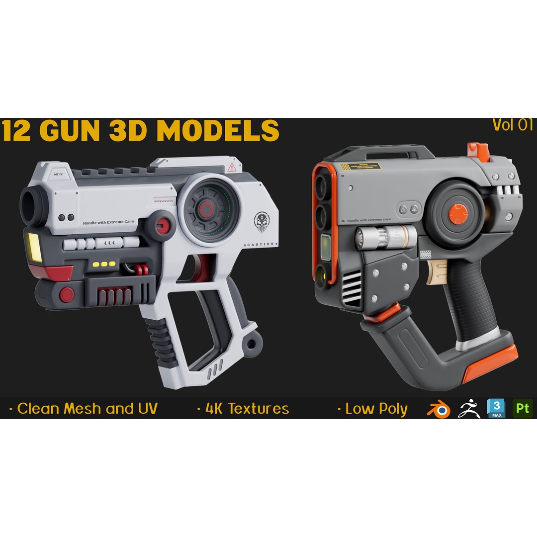12 Gun 3D Models – Low Poly Game Asset, FBX, PBR Textures - View 3