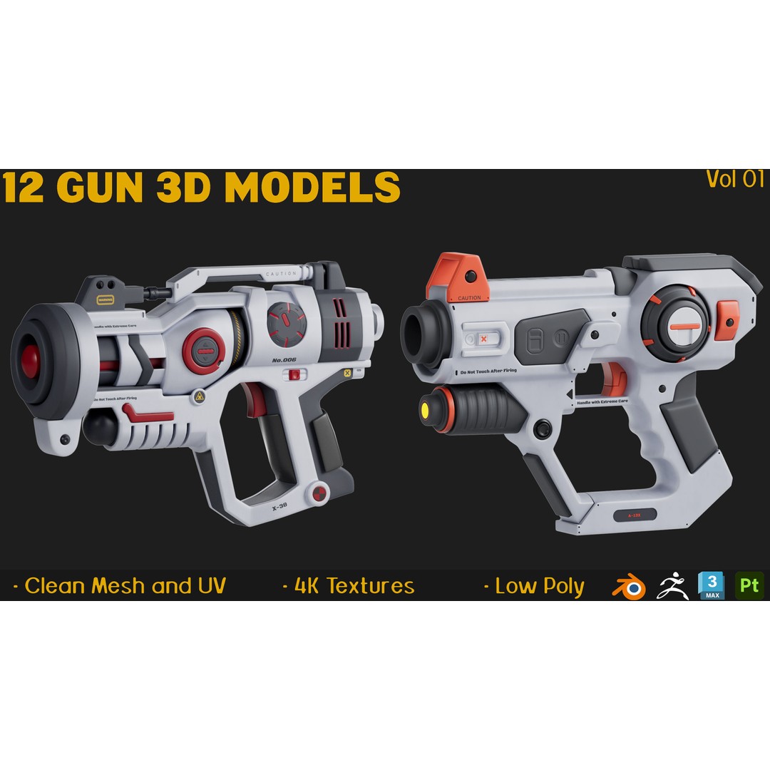12 Gun 3D Models – Low Poly Game Asset, FBX, PBR Textures - View 4