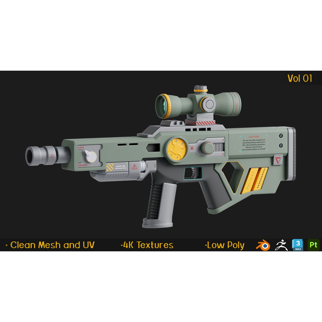 12 Gun 3D Models – Low Poly Game Asset, FBX, PBR Textures - View 5