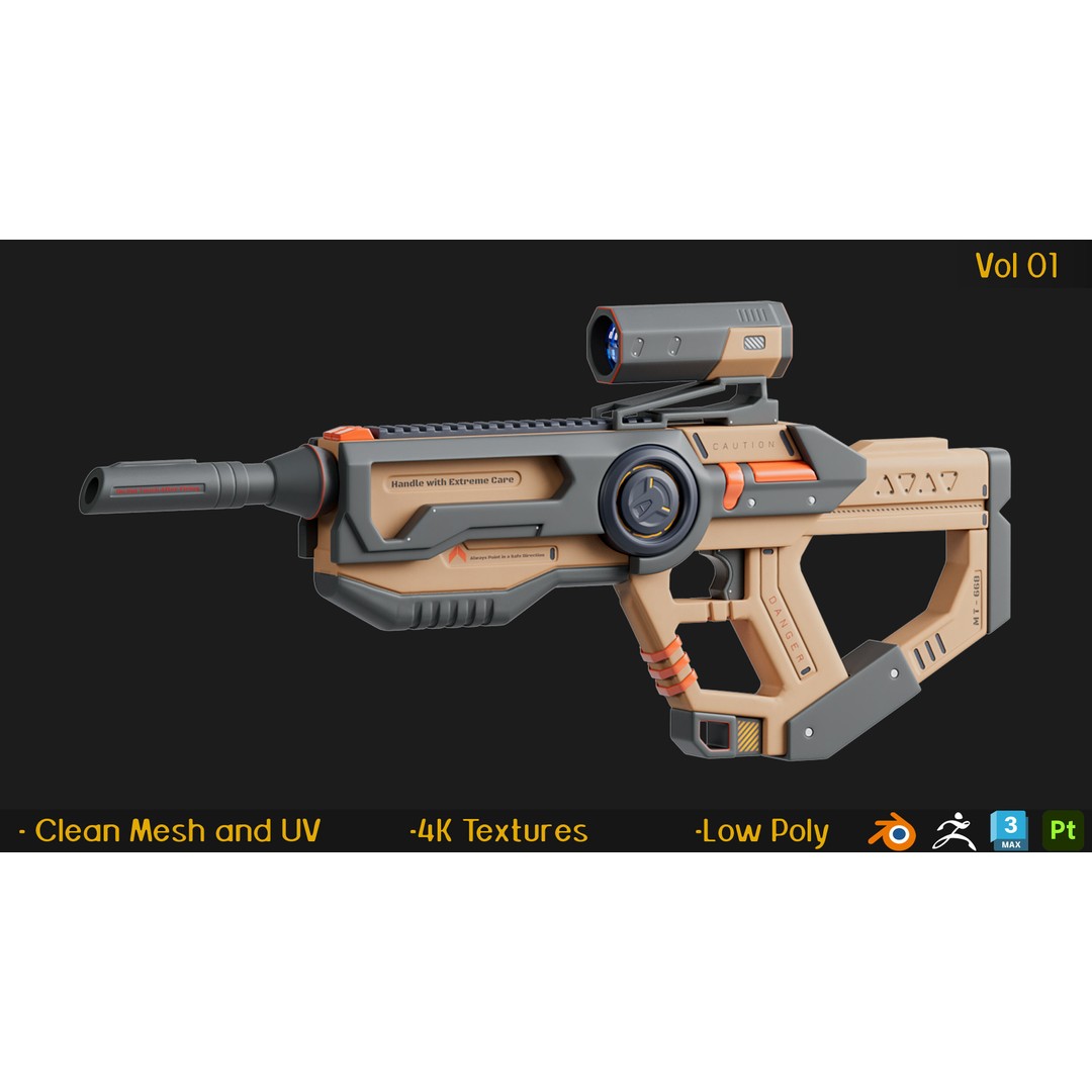 12 Gun 3D Models – Low Poly Game Asset, FBX, PBR Textures - View 7