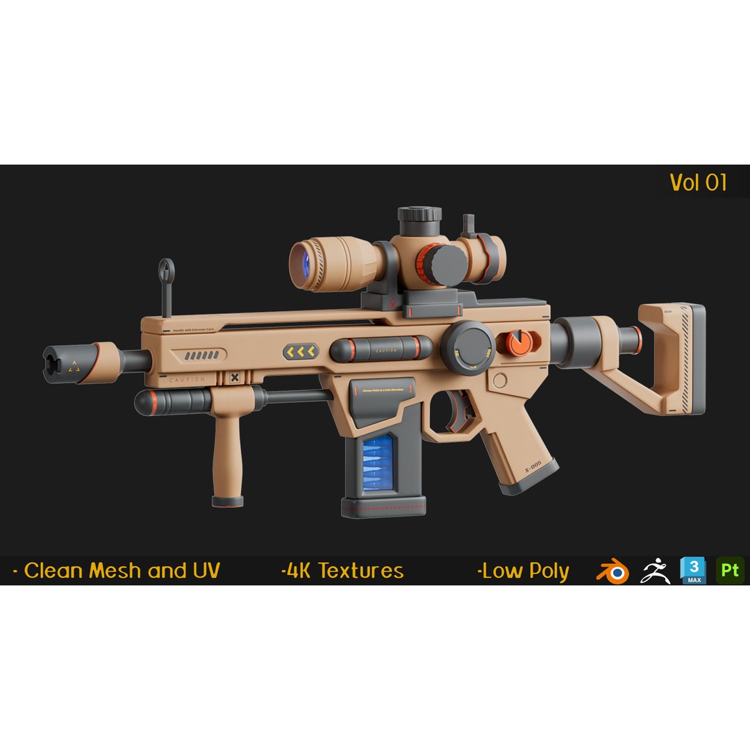 12 Gun 3D Models – Low Poly Game Asset, FBX, PBR Textures - View 8