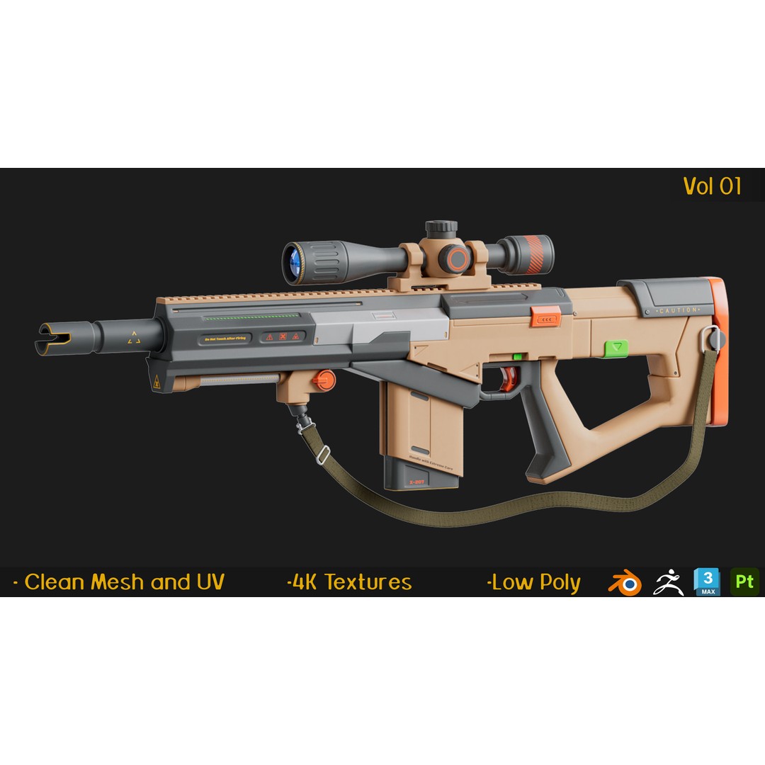 12 Gun 3D Models – Low Poly Game Asset, FBX, PBR Textures - View 9