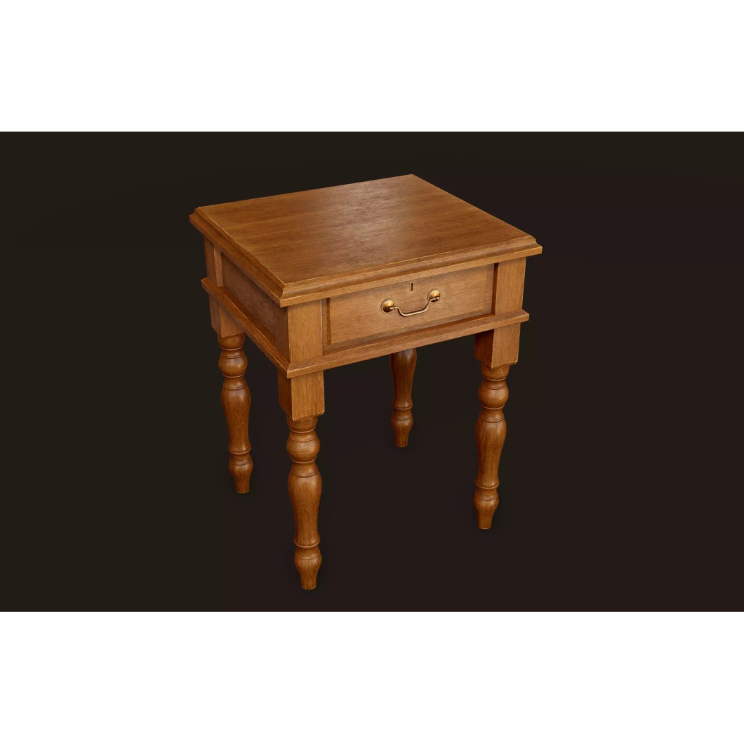 Vintage Bedside Table 3D Model – Low Poly Game Ready, FBX, OBJ - View 2