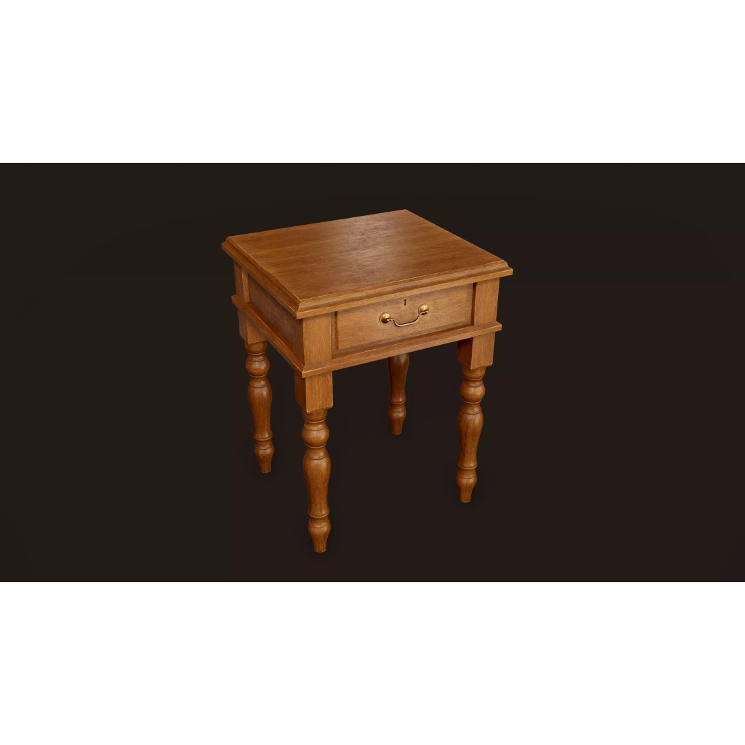 Vintage Bedside Table 3D Model – Low Poly Game Ready, FBX, OBJ - View 3