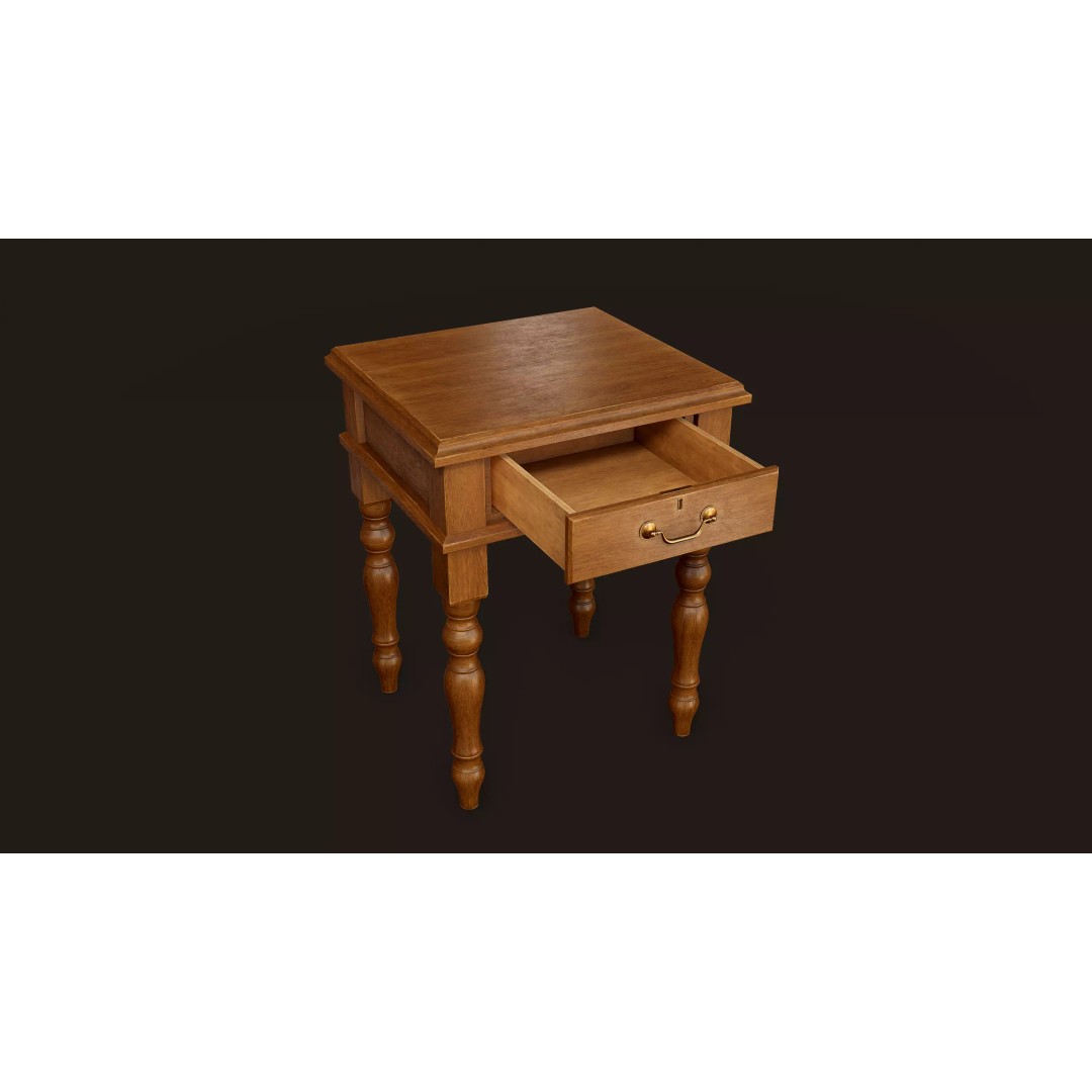 Vintage Bedside Table 3D Model – Low Poly Game Ready, FBX, OBJ - View 6