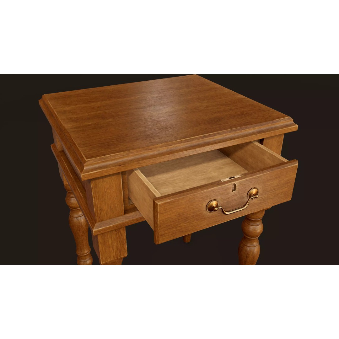Vintage Bedside Table 3D Model – Low Poly Game Ready, FBX, OBJ - View 7