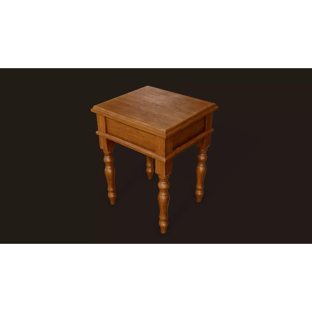 Vintage Bedside Table 3D Model – Low Poly Game Ready, FBX, OBJ - View 8