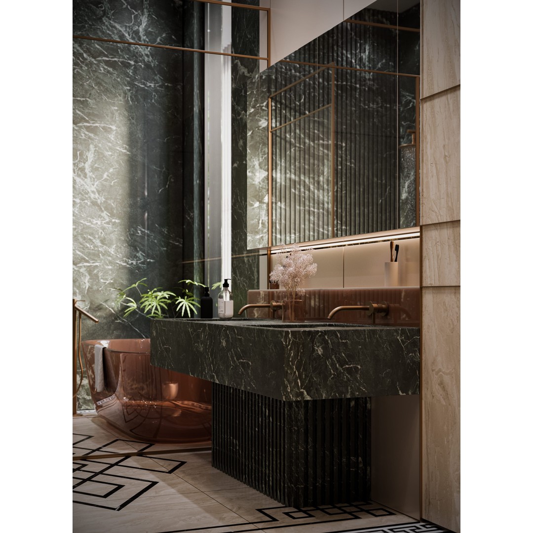 Luxury Bathroom 3D Model – Elegant Design with Marble and Copper, FBX