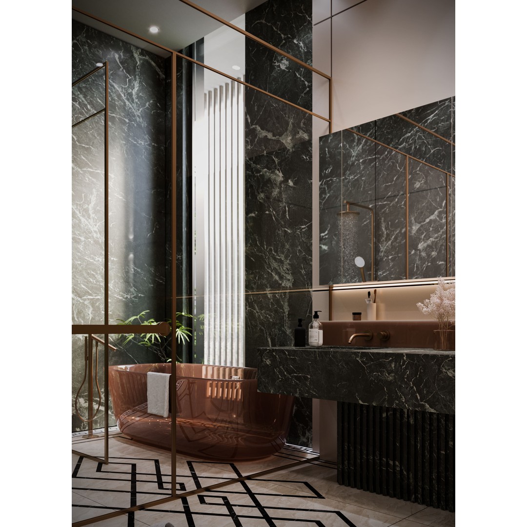 Luxury Bathroom 3D Model – Elegant Design with Marble and Copper, FBX - View 6