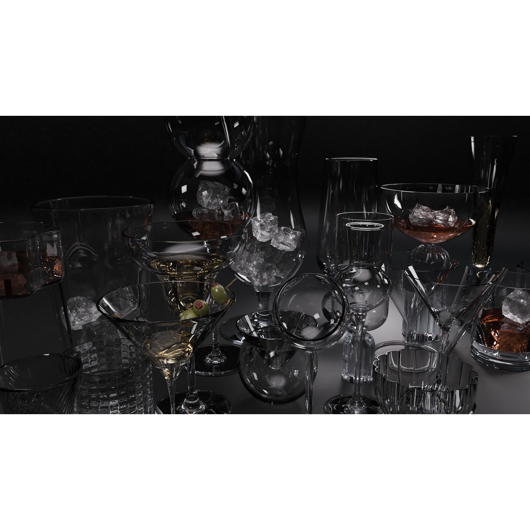 Cocktail Glasses 3D Model – Low Poly PBR Asset, FBX, OBJ, STL - View 3