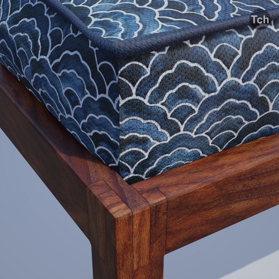 Blue Table Group 3D Model – Asian Style Low-Poly Furniture Set, FBX