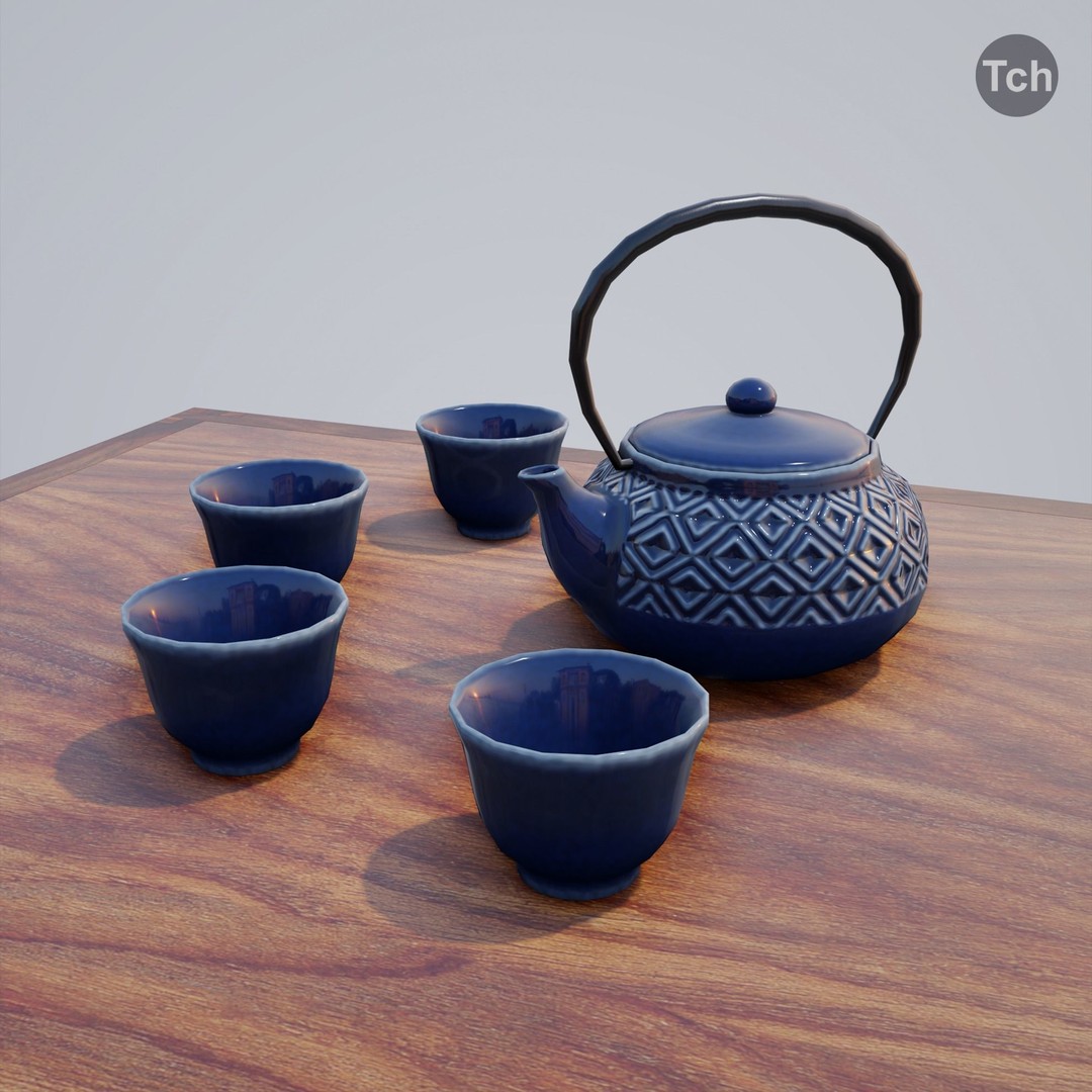 Blue Table Group 3D Model – Asian Style Low-Poly Furniture Set, FBX - View 10