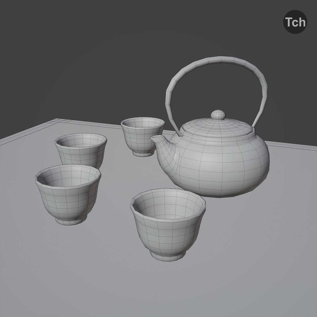 Blue Table Group 3D Model – Asian Style Low-Poly Furniture Set, FBX - View 11