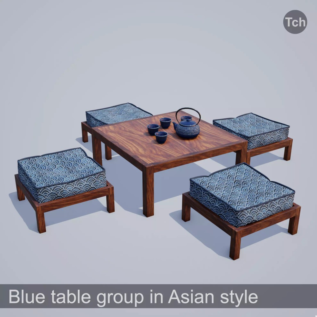 Blue Table Group 3D Model – Asian Style Low-Poly Furniture Set, FBX - View 2