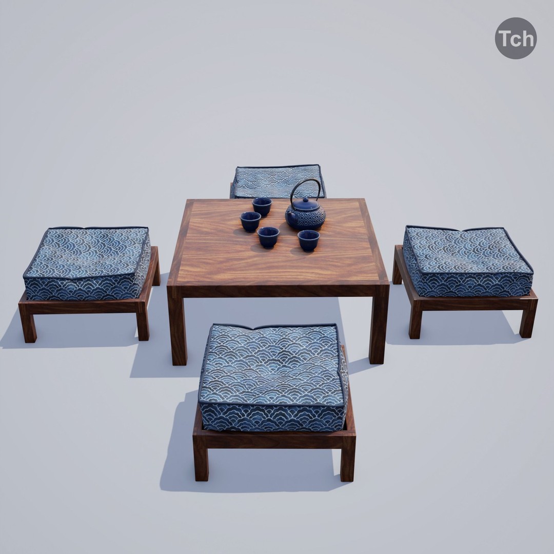 Blue Table Group 3D Model – Asian Style Low-Poly Furniture Set, FBX - View 3