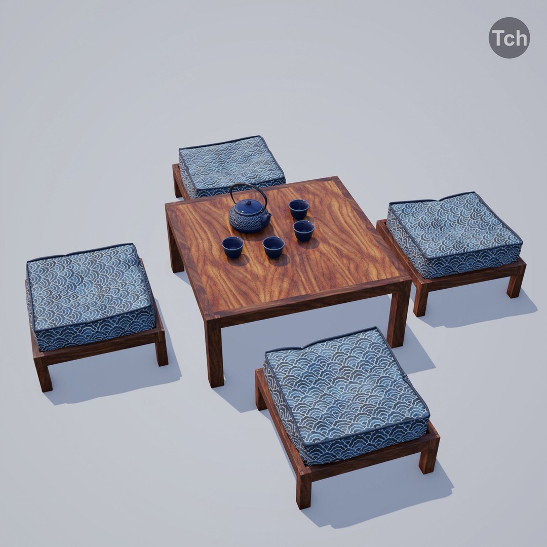 Blue Table Group 3D Model – Asian Style Low-Poly Furniture Set, FBX - View 4