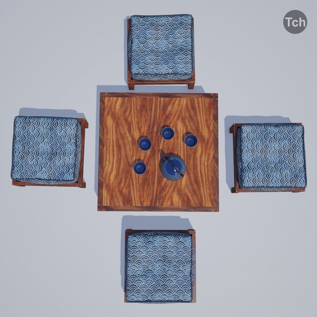 Blue Table Group 3D Model – Asian Style Low-Poly Furniture Set, FBX - View 5