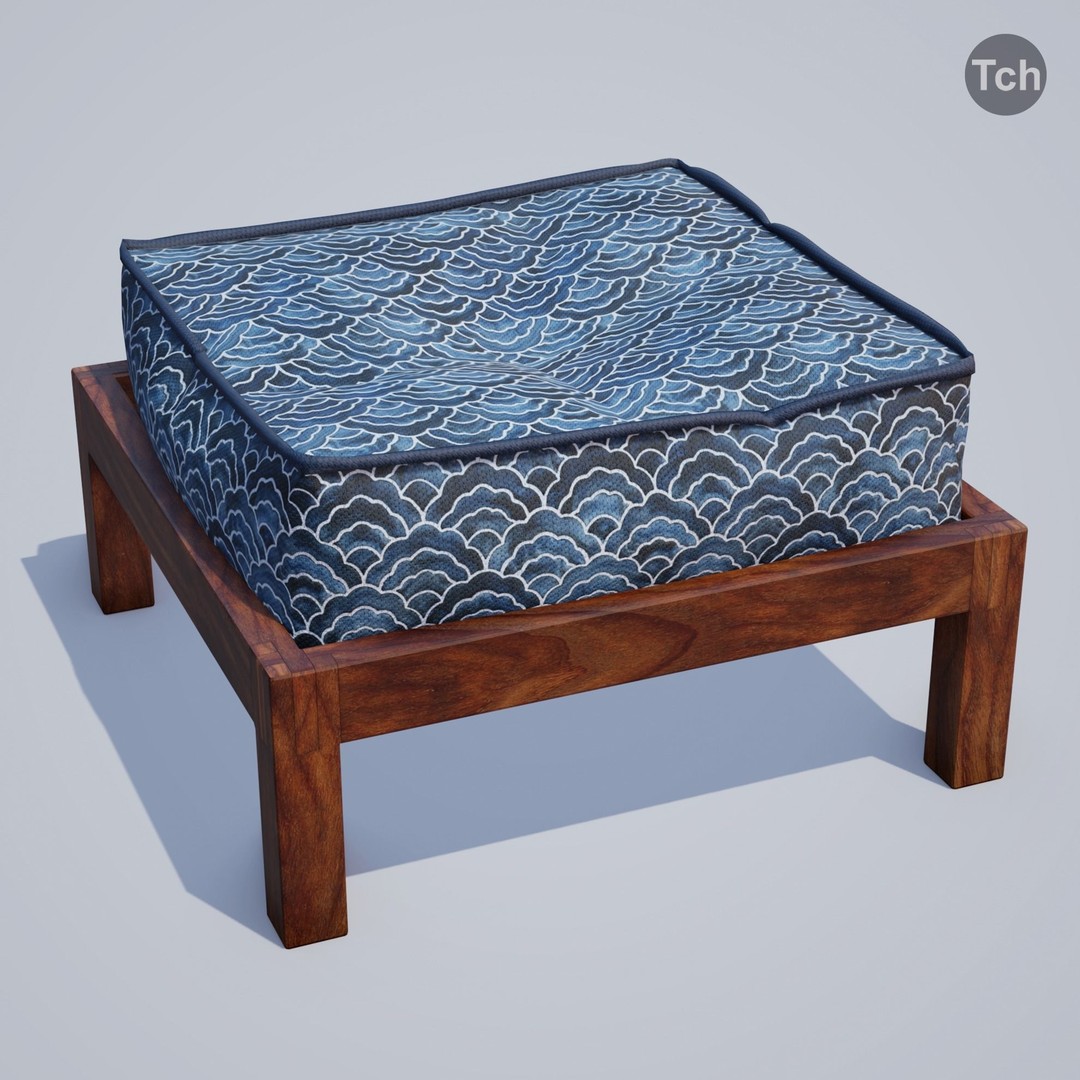 Blue Table Group 3D Model – Asian Style Low-Poly Furniture Set, FBX - View 6