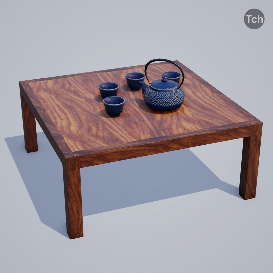 Blue Table Group 3D Model – Asian Style Low-Poly Furniture Set, FBX - View 8