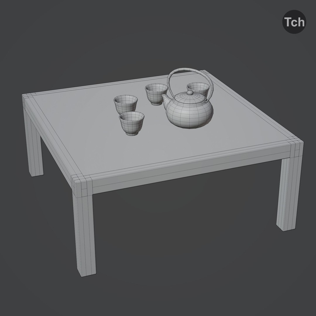 Blue Table Group 3D Model – Asian Style Low-Poly Furniture Set, FBX - View 9