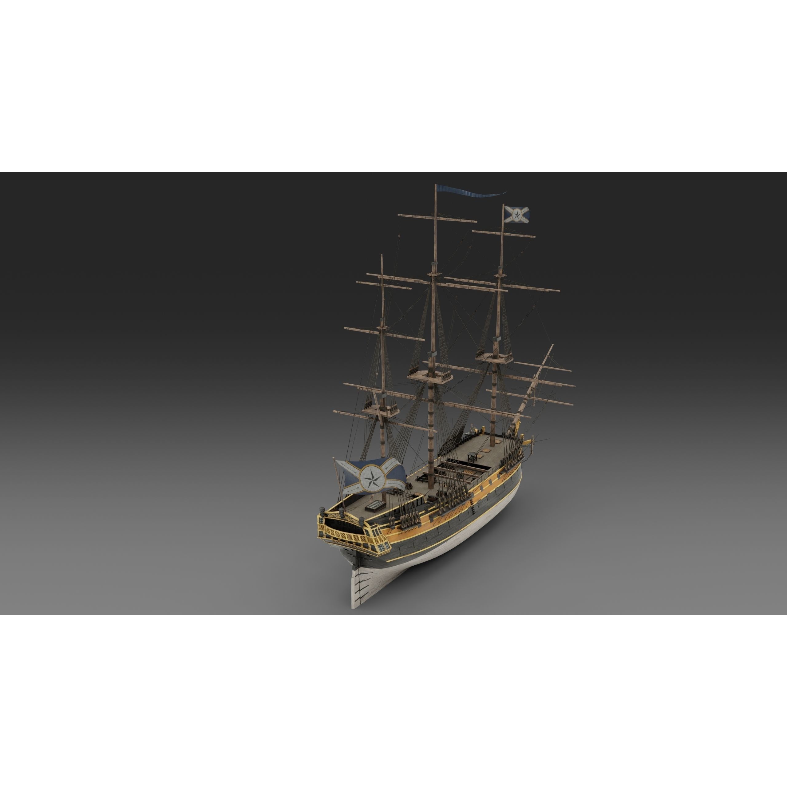18th Century Man of War - Low-Poly Game-Ready 3D Model - View 10