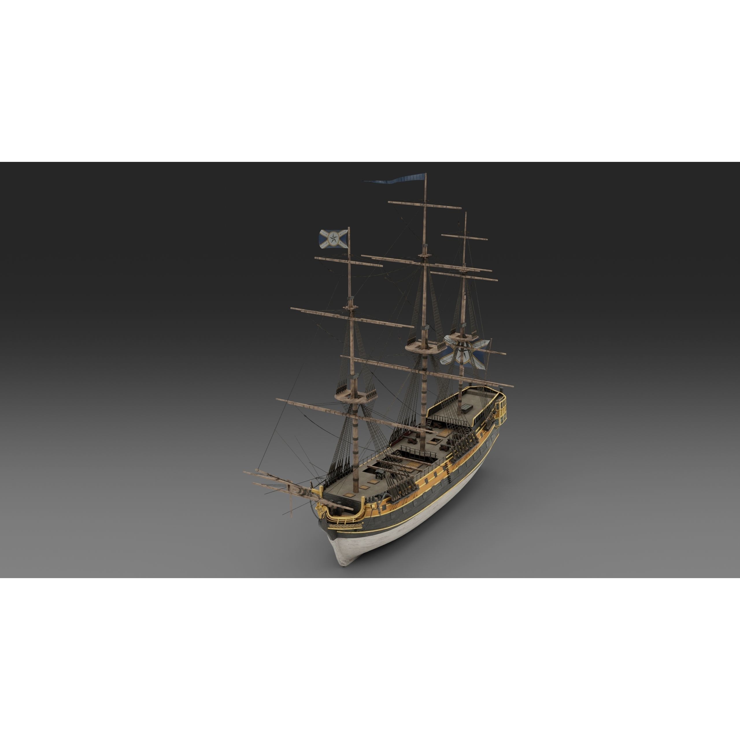 18th Century Man of War - Low-Poly Game-Ready 3D Model - View 9