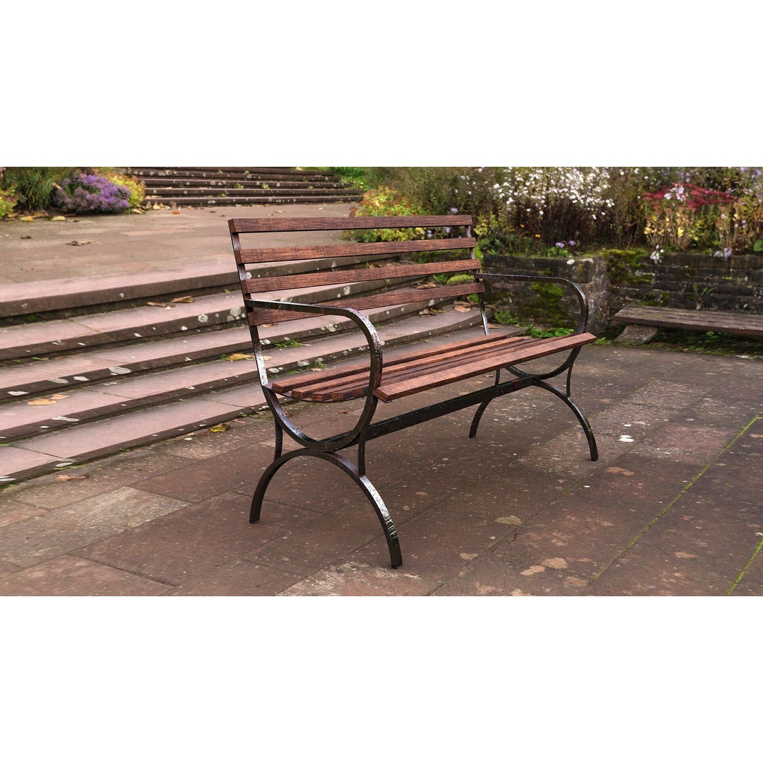 Park Bench 3D Model – Low Poly Outdoor Furniture with PBR Textures - View 3