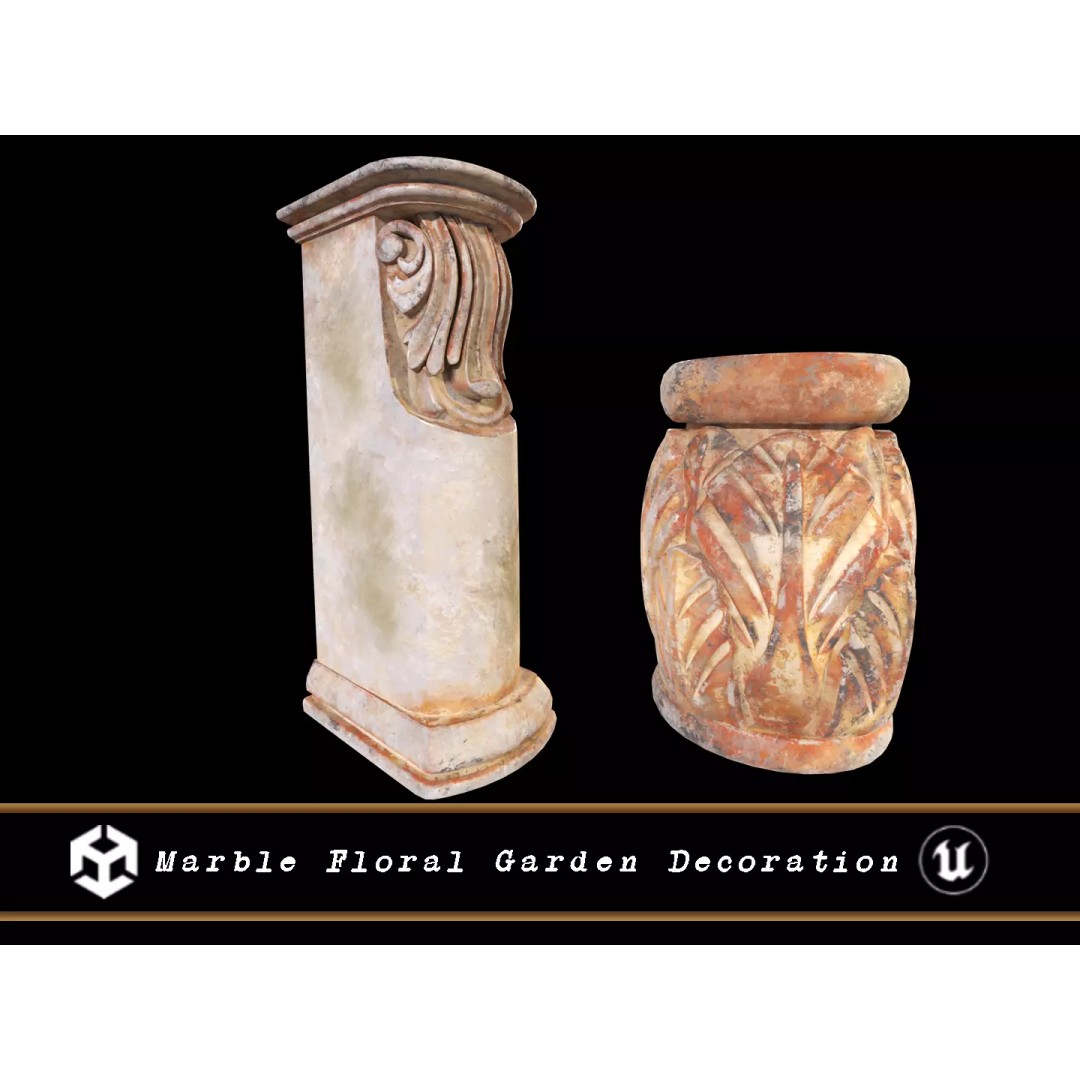 Marble Floral Garden Decoration 3D Model – Low Poly PBR Asset, FBX, OBJ - View 2