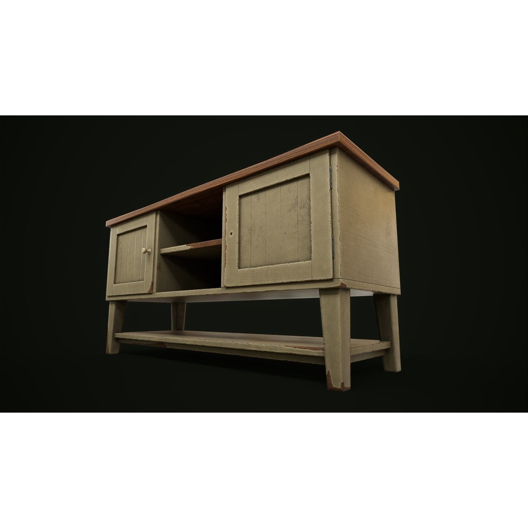 Old Shabby Sideboard 3D Model – Low Poly Game Asset, FBX, OBJ - View 7