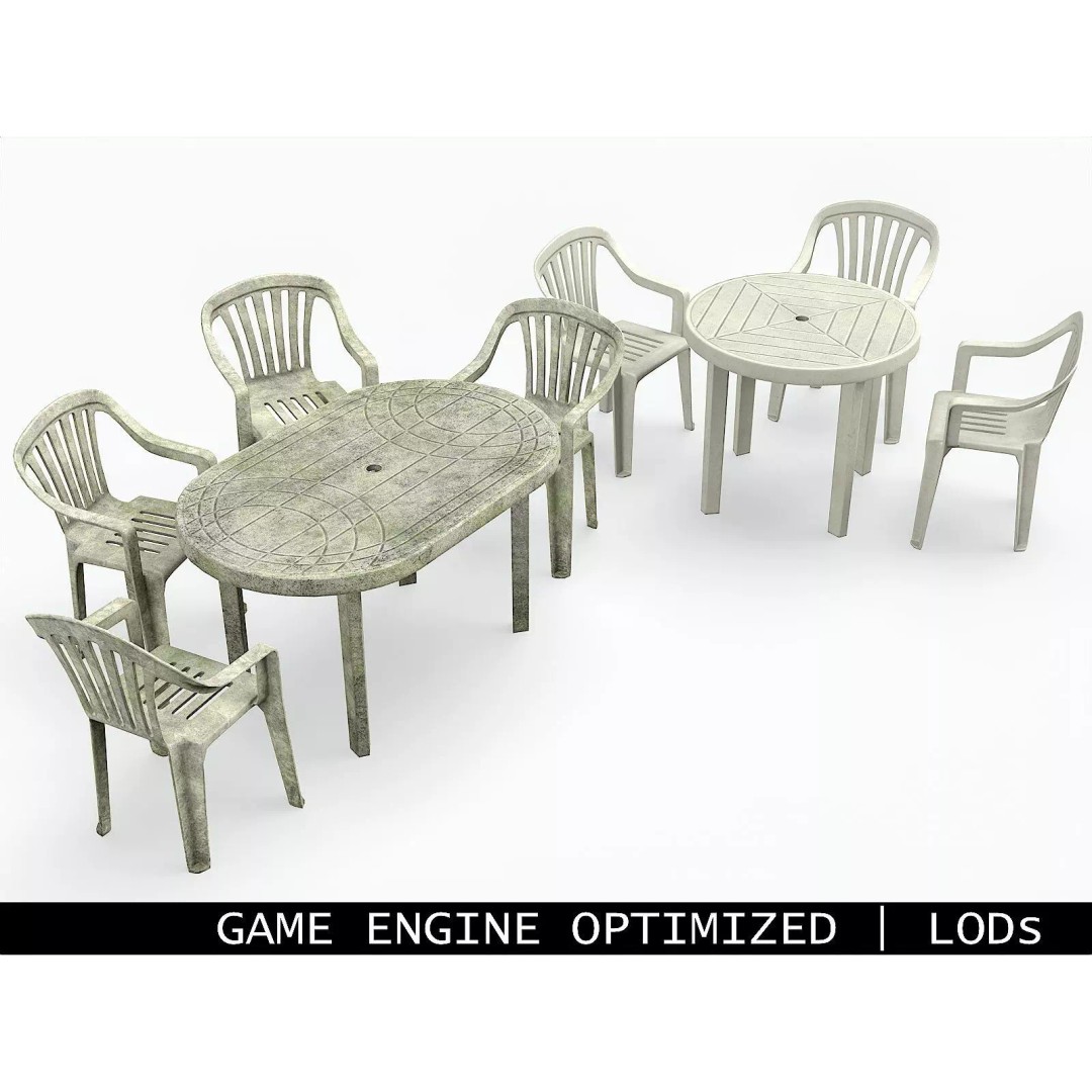 Garden Plastic Furniture 3D Model – Low Poly Outdoor Set, FBX - View 2