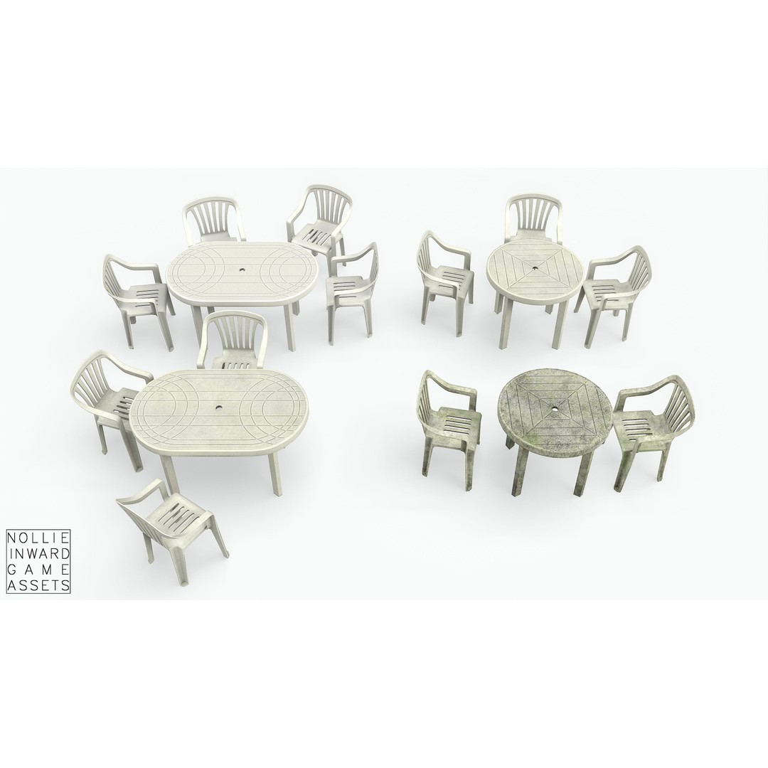 Garden Plastic Furniture 3D Model – Low Poly Outdoor Set, FBX - View 3