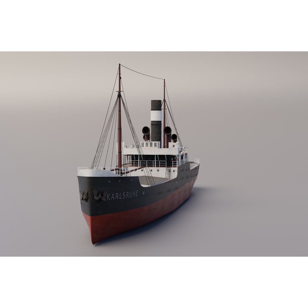 Karlsruhe 3D Model – Historic German Cargo Steamer Ship, Blender - View 3