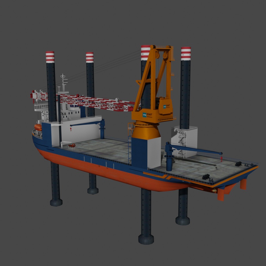 Offshore Installation Vessel 3D Model – Low Poly Industrial Watercraft, FBX