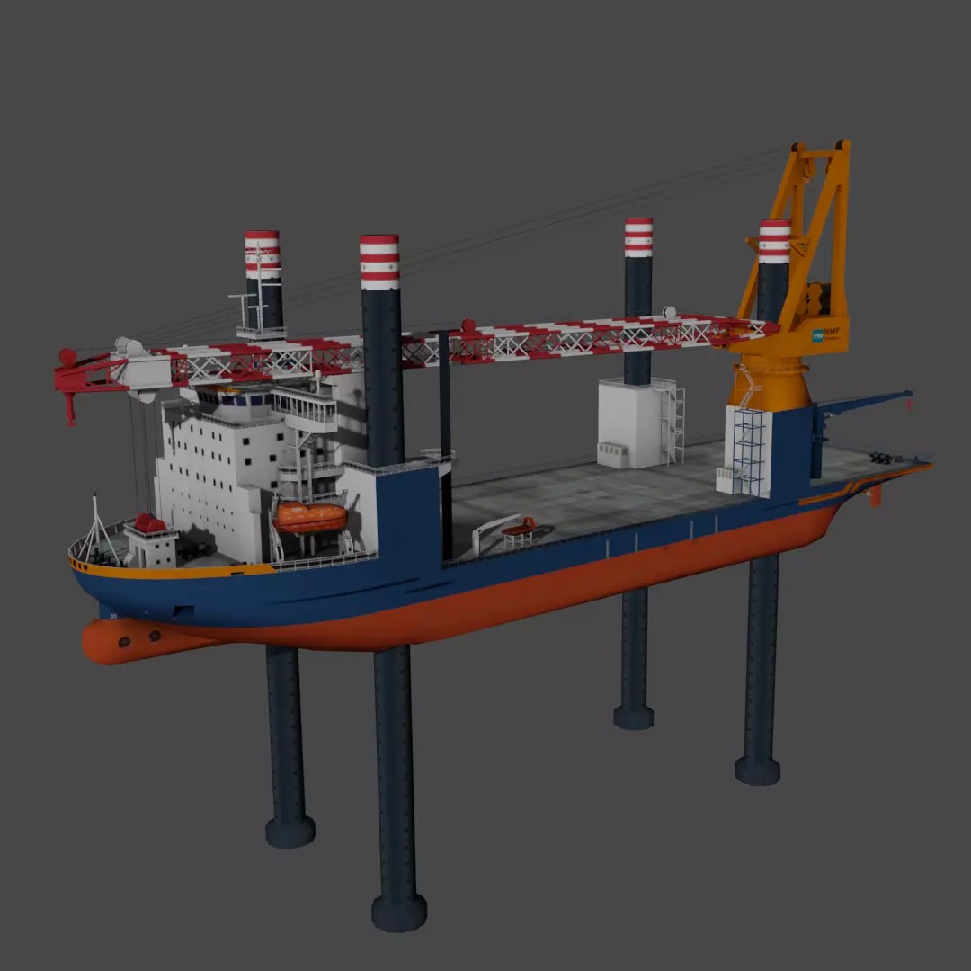 Offshore Installation Vessel 3D Model – Low Poly Industrial Watercraft, FBX - View 2