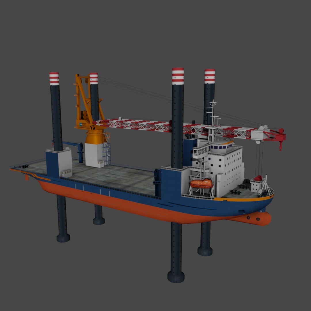 Offshore Installation Vessel 3D Model – Low Poly Industrial Watercraft, FBX - View 3