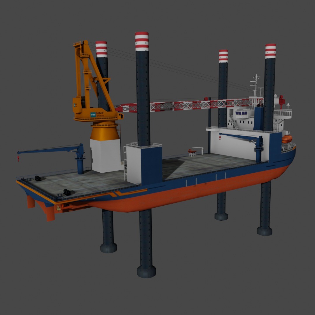 Offshore Installation Vessel 3D Model – Low Poly Industrial Watercraft, FBX - View 5