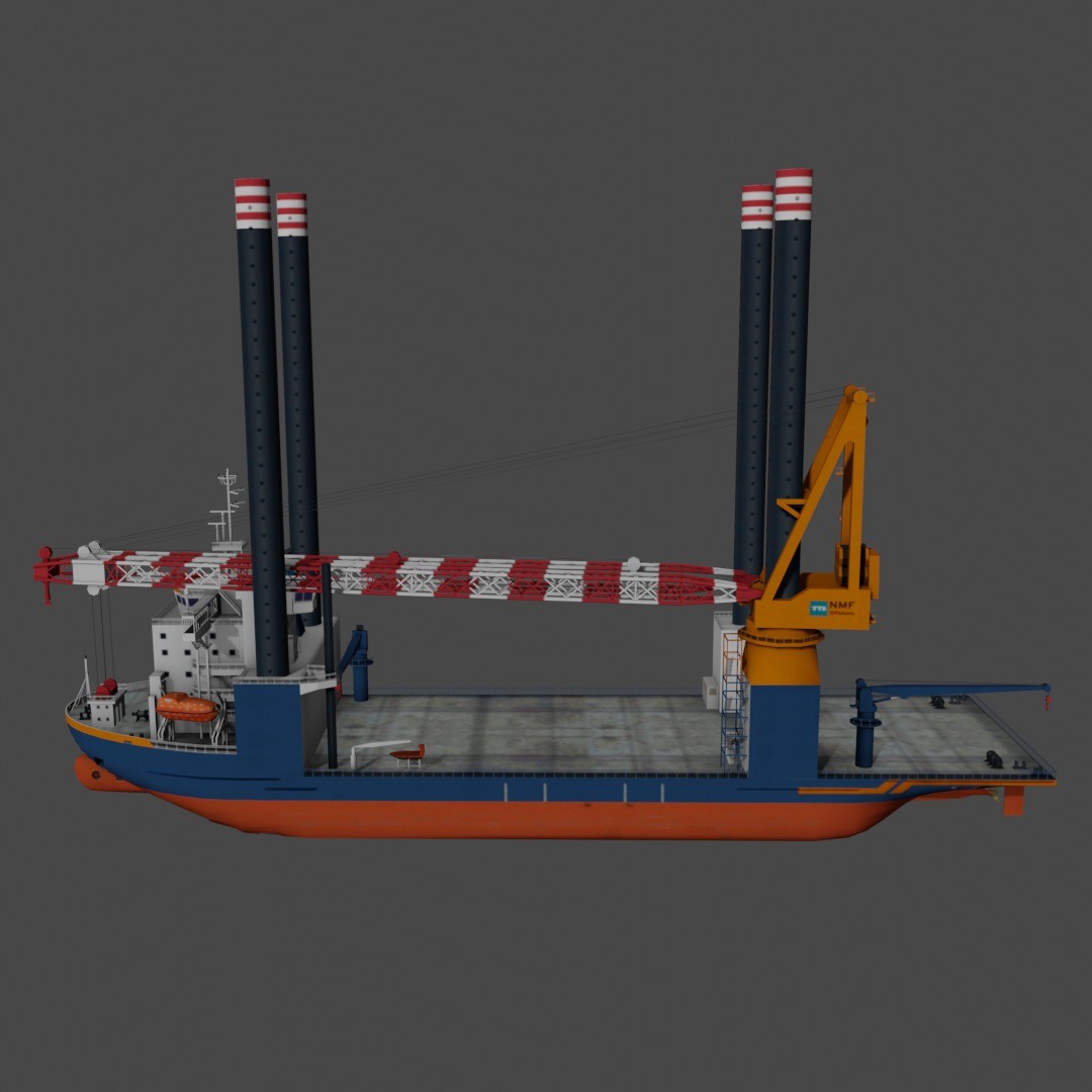 Offshore Installation Vessel 3D Model – Low Poly Industrial Watercraft, FBX - View 6
